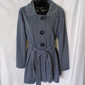 LA Kitty | Coat Jacket Jr size L Blue&White Striped Print, belted, stretchy